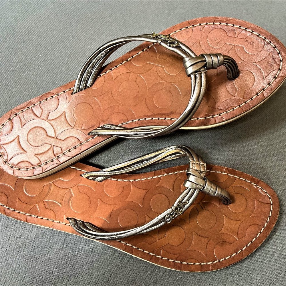 Coach Silver Leather Uppers & Logo Embossed Flip Flop Sandals